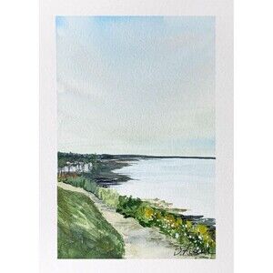 Original Watercolor Seascape Painting Sand Path Flowers "Coastbound" Signed 5x7